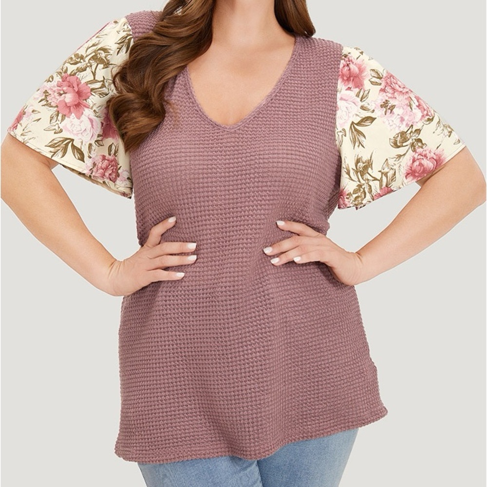 BloomChic Mauve Semi Sheer Waffle Knit Floral Sleeve Top Plus Size 2X